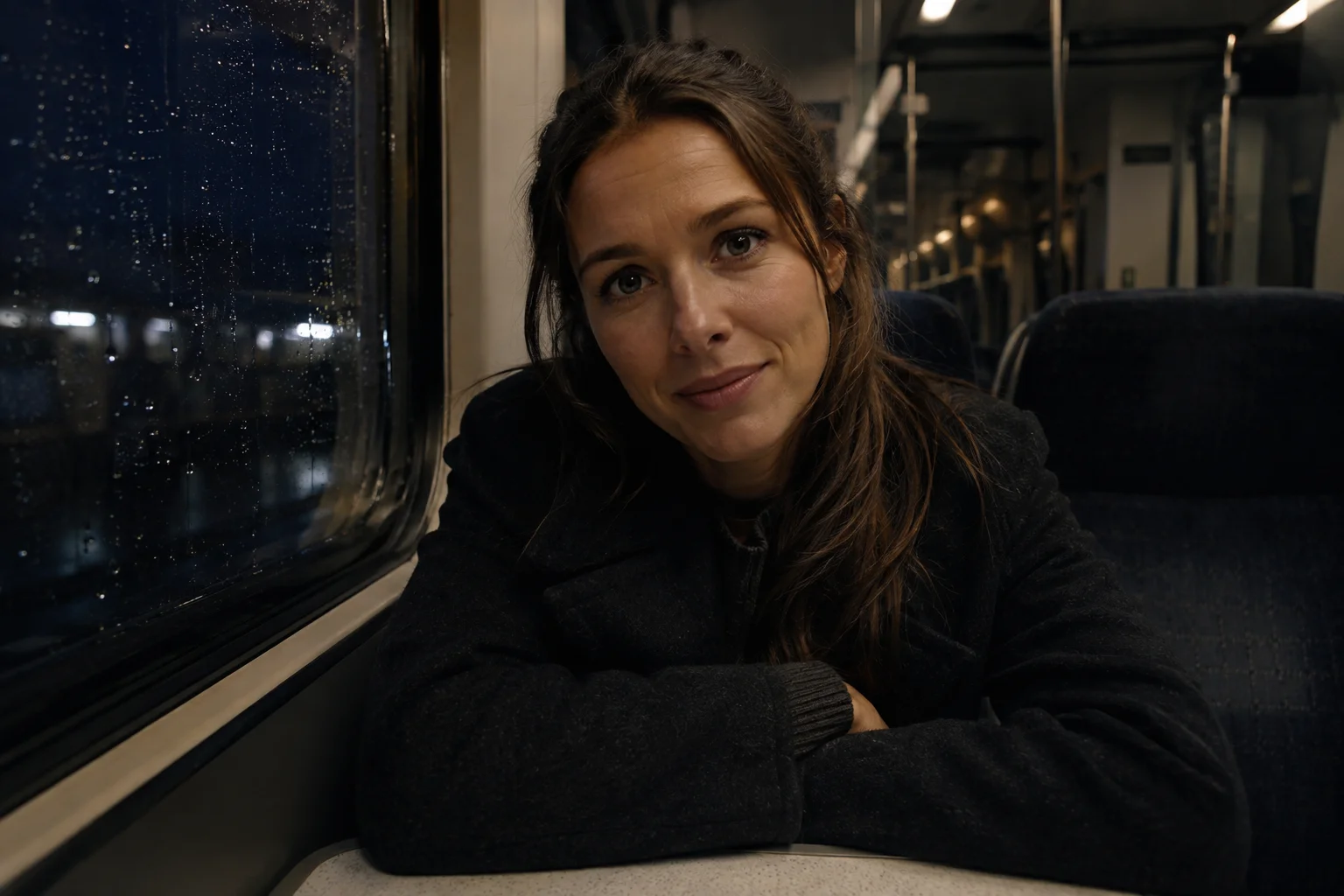 Choose your own adventure scene illustration: a fictional woman opposite the player on a night train.