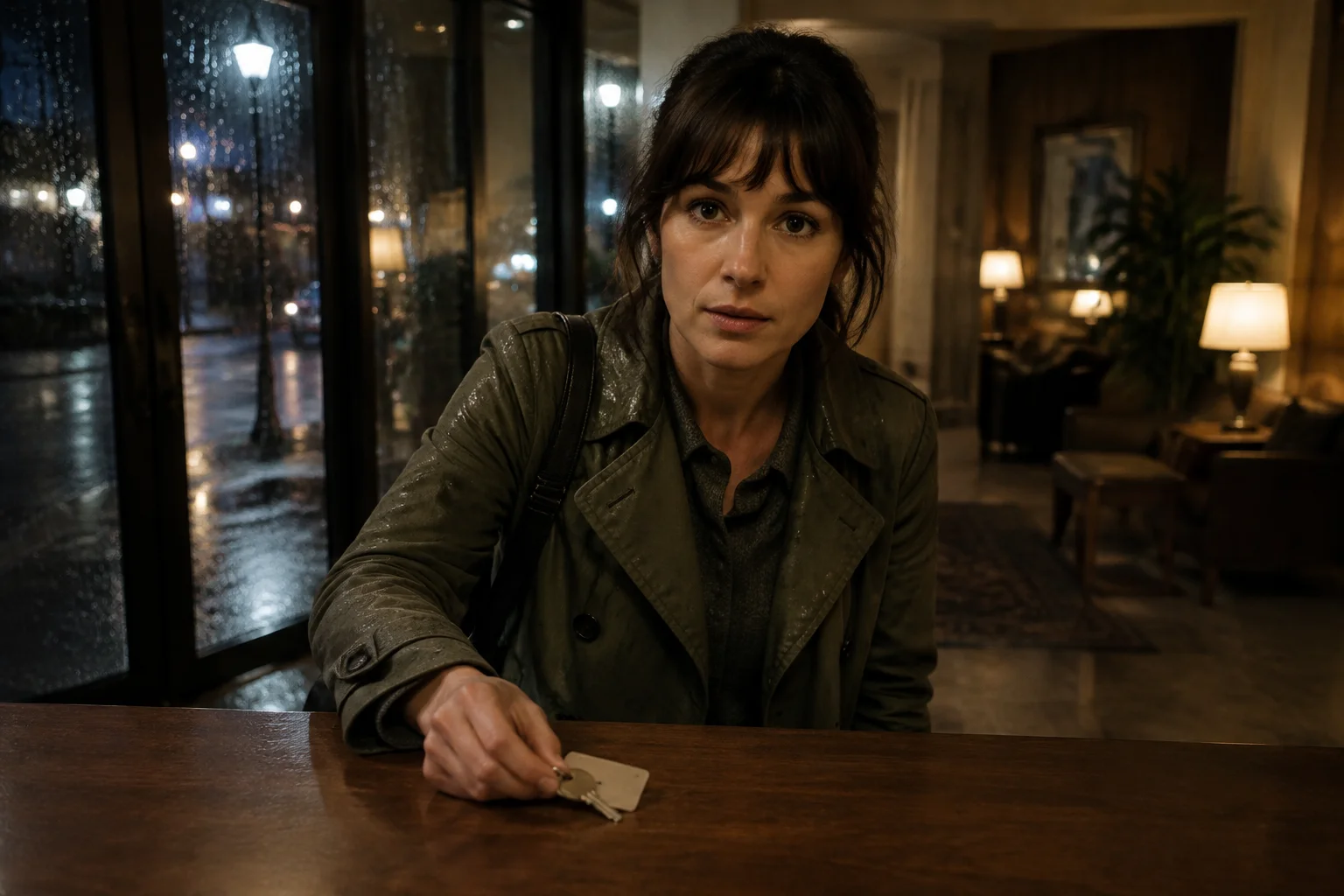 AI scene illustration of a fictional hotel guest presenting a room key to the player.