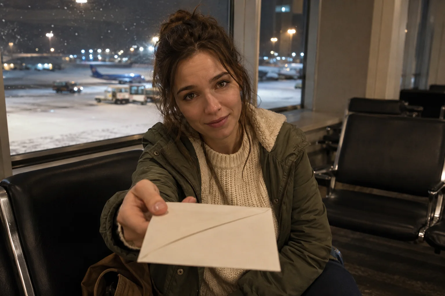 AI scene illustration of a fictional friend offering the player a letter at an airport.